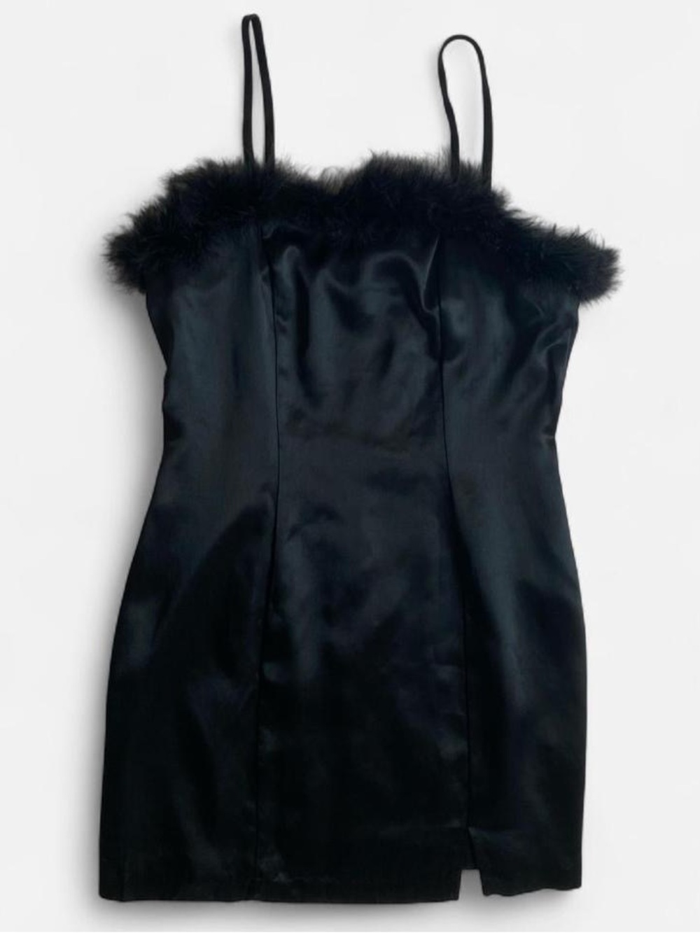 Vintage black satin mini cocktail dress w/feather trim